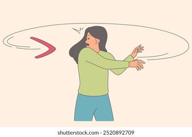 Boomerang overtakes woman, symbolizing karma that haunts people who have committed evil action. Concept of boomerang harming girl in casual clothes deceiving colleagues to achieve goal