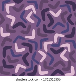 Boomerang seamless pattern on purole background. Abstract shape endless wallpaper. Decorative backdrop for fabric design, textile print, wrapping. Vector illustration.