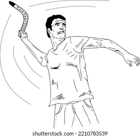 Dibujo vectorial del contorno del Boomerang Thrower, dibujo del boceto del jugador Boomerang, dibujo del doodle de dibujos animados del campeón de Boomerang