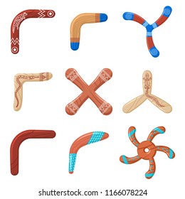 Boomerangs of different shapes with patterns of kangaroos, lizards and snakes and ornaments. Vector cartoon icons set isolated on white background.