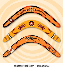 Boomerang aislado en fondo beige con círculos. Estilo tribal. Al estilo australiano. Ilustración vectorial.