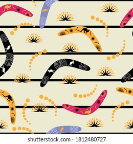 Boomerangs and kangaroos and black stripes seamless pattern