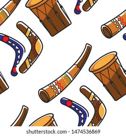 Boomerangs with ornament horn and tom tom Australian symbol seamless pattern vector travel to Australia souvenirs and musical instruments endless, texture culture and art wooden items wallpaper print