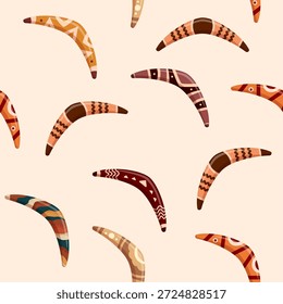Boomerangs sin patrón. Adornos decorativos de boomerang. Elementos australianos de madera, diseño tradicional. Tela, impresión textil, fondo de Vector sapid
