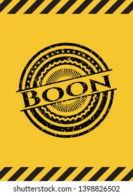 Boon black grunge emblem inside yellow warning sign. Vector Illustration. Detailed.