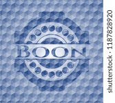 Boon blue badge with geometric pattern background.