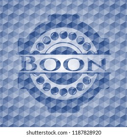 Boon blue badge with geometric pattern background.