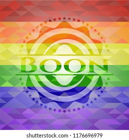 Boon emblem on mosaic background with the colors of the LGBT flag