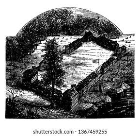 Boone's Fort built by Daniel Boone,an American pioneer, explorer, woodsman, and frontiersman,vintage line drawing or engraving illustration