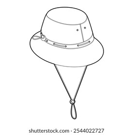 Boonie Bucket Hat with Cord Stopper. Summer Head Fashion accessory cap clothing technical illustration. Vector headgear for Men, women, unisex style, flat template CAD mockup sketch outline isolated