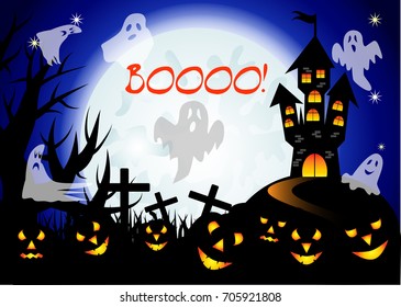 Booo. Halloween. Castle with full moon, night landscape. A pack of ghosts, crosses, jacks