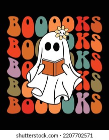 Booooks Groovy Cute Ghost Book Retro Reading Halloween shirt print template, Scary witch skull floral typography design for shirt mug iron tote phone case