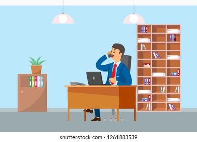 Boos working in office and talking on mobile phone vector. Director of company sitting by table discussing issues with business partners, man at job