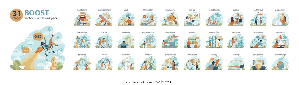 Boost big set. Business growth or improvement concepts collection. Motivational power, efficiency and capability. Positive individual growth. Flat vector illustration