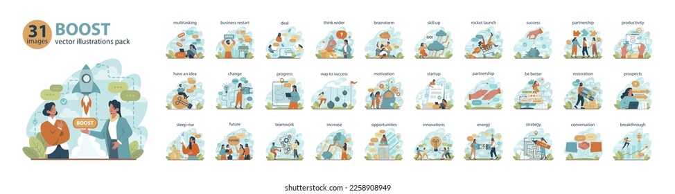 Boost big set. Business growth or improvement concepts collection. Motivational power, efficiency and capability. Positive individual growth. Flat vector illustration