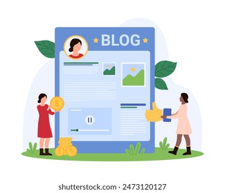 Impulsar la monetización del blog, la ganancia monetaria, los beneficios y el reconocimiento al contenido digital de los bloggers. Personas pequeñas sosteniendo monedas de oro y pulgares hacia arriba en la página de Web de los autores Ilustración vectorial de dibujos animados