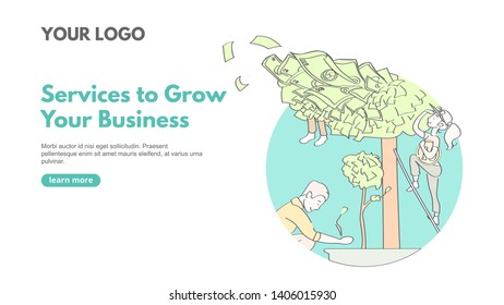 Boost business banner concept in linear style business concept with money on tree and workers. Landing page template Services to grow your business. Modern line art design concept