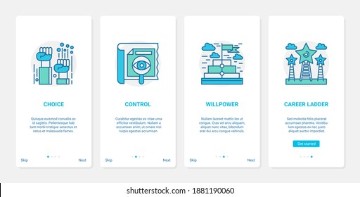 Boost business career growth, power of leadership vector illustration. UX, UI onboarding mobile app page screen set with line leader career ladder symbol, willpower in achieving results and control