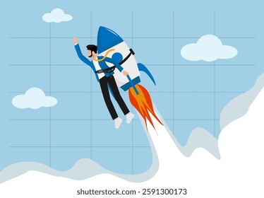 Boost business growth, business and financial growth, Young businessmen and flying rockets boost startups, ambition or aspiration for winner concept, businessman flying high with rapid fire rocket in 