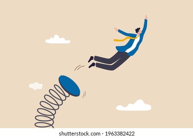 Boost up business growth, improvement, career path or job promote to higher position concept, confidence businessman leader jumping springboard up high in the sky.
