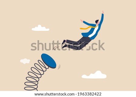 Boost up business growth, improvement, career path or job promote to higher position concept, confidence businessman leader jumping springboard up high in the sky. Stockfoto © 
