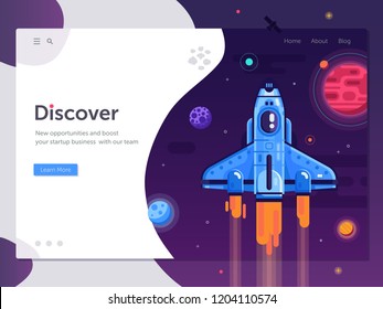 Boost business start up concept with rocket ship. Discovering new horizons and opportunities web banner with space shuttle in galaxy. New project or product launching illustration with spaceship.