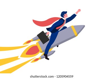 Boost business vector illustration. The man of business changes flies on an rocket in the sky. Strive for goal