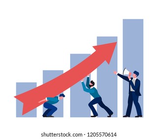Boost business vector illustration. People team lifting up an arrow in teamwork together. Overcoming difficulties in work
