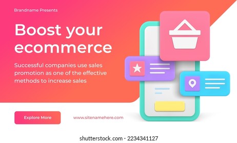 Boost commerce internet sales advertising smartphone application digital service social media banner 3d icon vector illustration. Online marketing analytics e commerce web campaign promo optimization