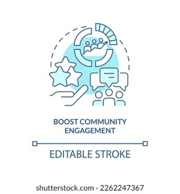 Boost Community Engagement türkis Konzept Symbol. Social Media-Werbung Ziel abstrakte Idee dünne Linie Illustration. Einzeln Umrisszeichnung. Bearbeitbarer Strich. Arial, Myriad Pro Fett Schriftarten verwendet