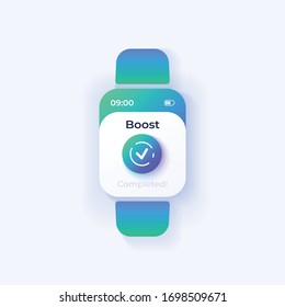 Boost completed smartwatch interface vector template. Mobile app notification day mode design. Memory optimization message screen. Flat UI for application. Check mark on smart watch display