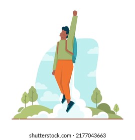 Boost up concept. Mental growth and improvement or career promote to higher position. Motivational power, efficiency and capability. Positive individual growth. Flat vector illustration