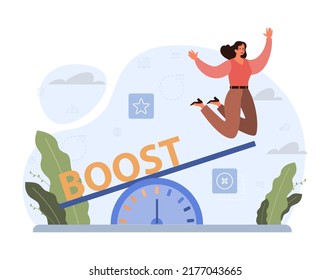 Boost up concept. Mental growth and improvement or career promote to higher position. Motivational power, efficiency and capability. Positive individual growth. Flat vector illustration