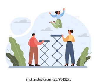 Impulsar el concepto. El crecimiento y la mejora mental o la promoción de las perspectivas de carrera se elevan a una posición más alta. Poder, eficiencia y capacidad motivacionales. Crecimiento individual positivo. Ilustración vectorial plana