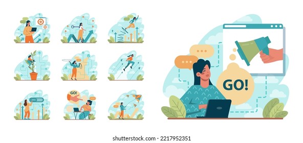 Aumente el conjunto de conceptos. El crecimiento y la mejora mental o la promoción de las perspectivas de carrera se elevan a una posición más alta. Poder, eficiencia y capacidad motivacionales. Crecimiento individual positivo. Ilustración vectorial plana