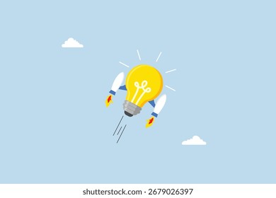 Boost creative idea, bright lightbulb idea with rocket booster flying fast into the sky.