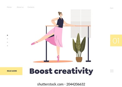 Boost creativity concept of landing page with ballerina dancing at handrail training ballet dance before performance. Woman do classic choreography for hobby. Cartoon flat vector illustration