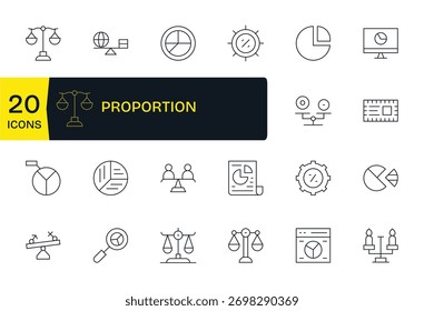 Aumente la velocidad del diseño con 20 iconos de línea delgada que representan la proporción, organizada y etiquetada.