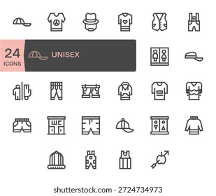 Aumente a velocidade de projeto com 24 ícones de linha negrito representando Unisex, organizados e rotulados.