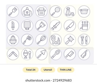 Aumente a velocidade de projeto com 24 ícones de linha fina representando Utensil, organizados e rotulados.