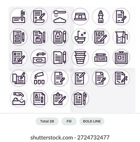 Erhöhen Sie die Designgeschwindigkeit mit 28 Fett Linien Symbolen, die Füllung darstellen, organisiert und beschriftet.