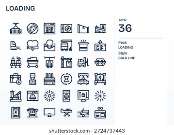Erhöhen Sie die Geschwindigkeit des Designs mit 36 Fett Linien Symbolen, die Laden darstellen, organisiert und beschriftet.