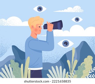 Boost and development. Man looks through binoculars at hills. Metaphor for goal setting, planning and motivation. Successful entrepreneur and investor concept. Cartoon flat vector illustration