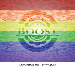 Boost emblem on mosaic background with the colors of the LGBT flag