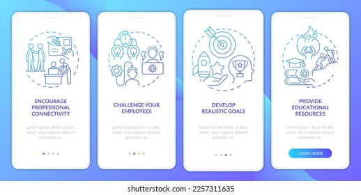 Boost employees skills blue gradient onboarding mobile app screen. Mentoring walkthrough 4 steps graphic instructions with linear concepts. UI, UX, GUI template. Myriad Pro-Bold, Regular fonts used