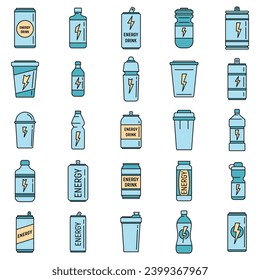 Boost energetic drink icons set. Outline set of boost energetic drink vector icons thin line color flat on white