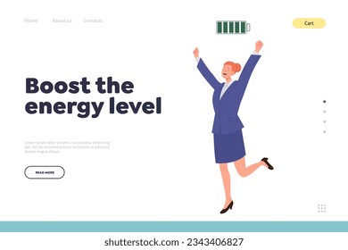 Boost energy level landing page design template with businesswoman character having full charge