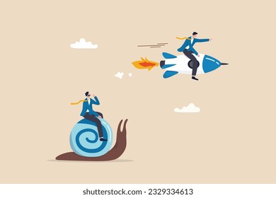 Boost fast speed to win business competition, high performance employee, competitive advantage winner, innovation or skill to success concept, businessman winner riding rocket, another on slow snail.