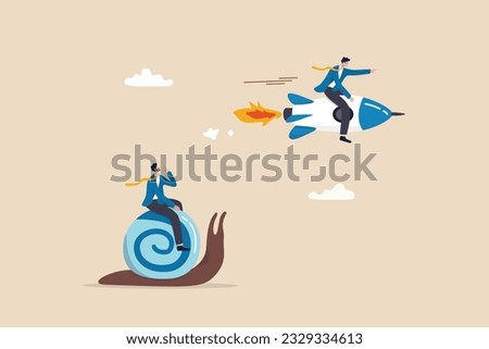 Boost fast speed to win business competition, high performance employee, competitive advantage winner, innovation or skill to success concept, businessman winner riding rocket, another on slow snail.