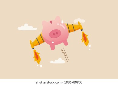 Boost financial earning or income, get rich fast or high growth investment, business opportunity or salary rising up concept, pink piggy bank with rocket booster wing flying fast high up in the sky.